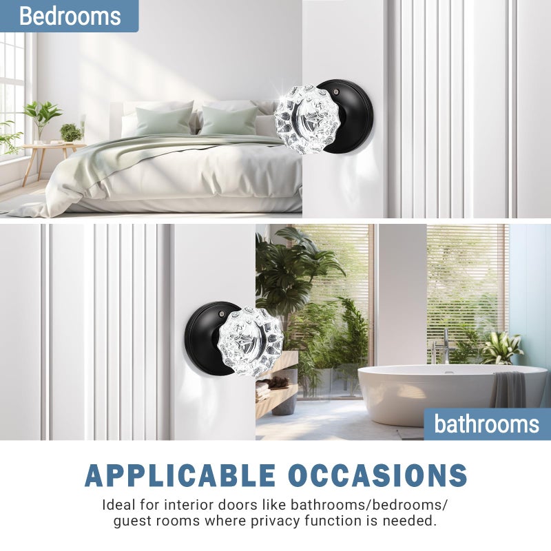 KNOBWELL Modern Round Crystal Door Knobs with Lock, Frosted Glass Door Knobs Interior, Privacy Function for Bed and Bath, Matte Black Door Lock - Image 3
